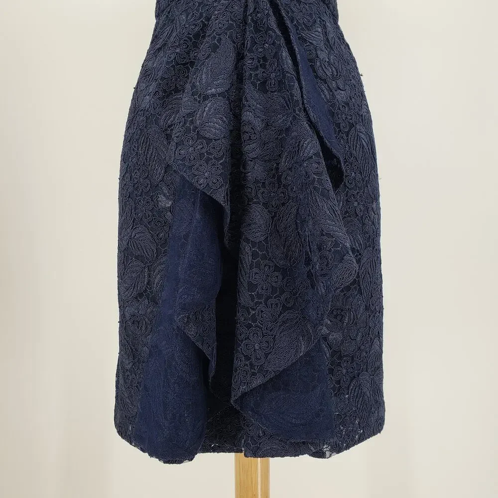 ML Monique Lhuillier Follow Suit Sheath Dress 12 Floral Leaf Lace Cocktail Navy - Picture 13 of 14